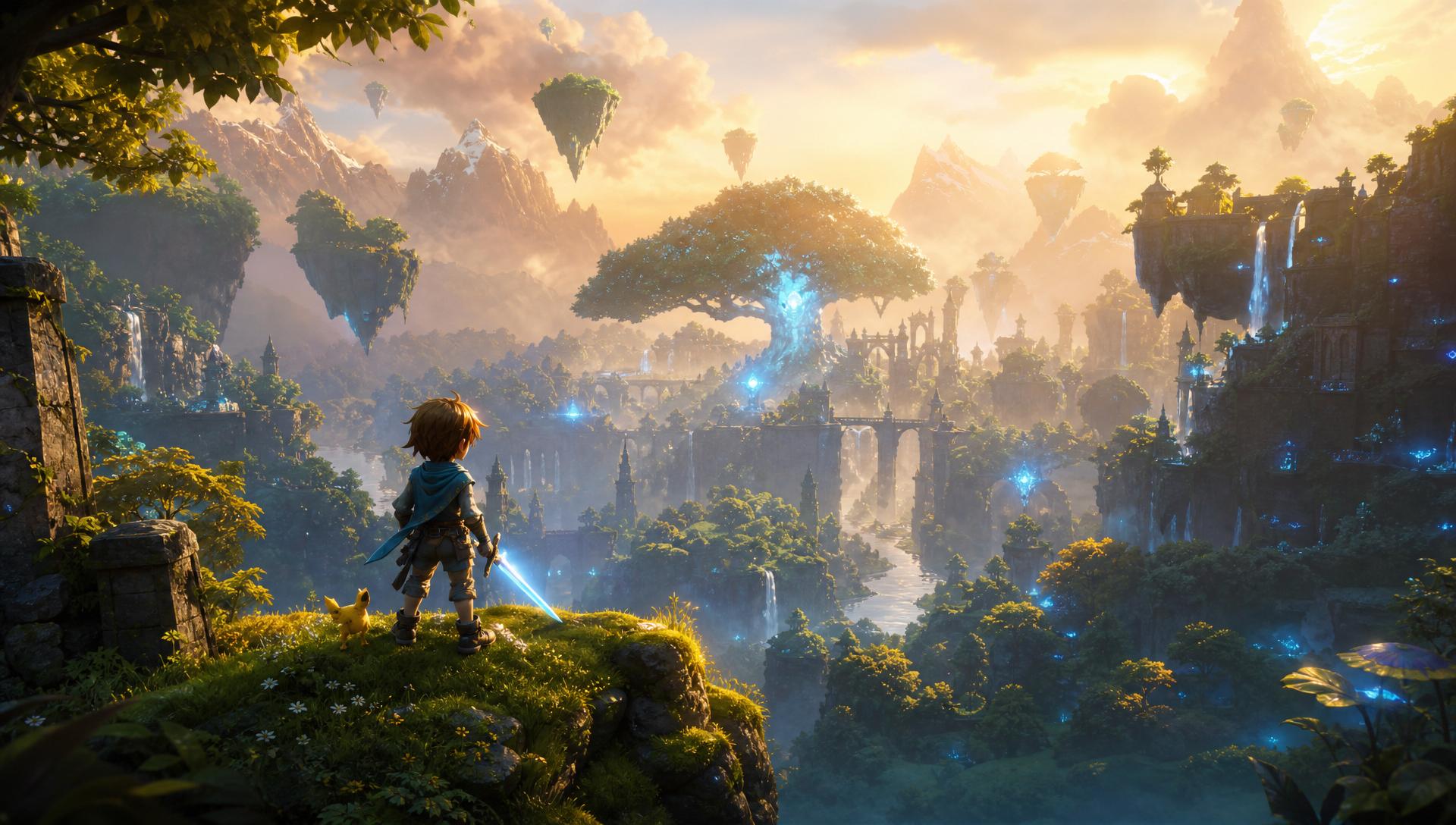 Cute AAA fantasy game scene with a young hero overlooking a magical valley of floating islands, ancient ruins and glowing forests